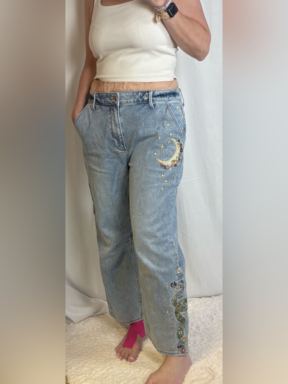 DRIFTWOOD Light Blue Wide Leg Jeans with Colorful Embroidered Motif - Picture 2 of 11